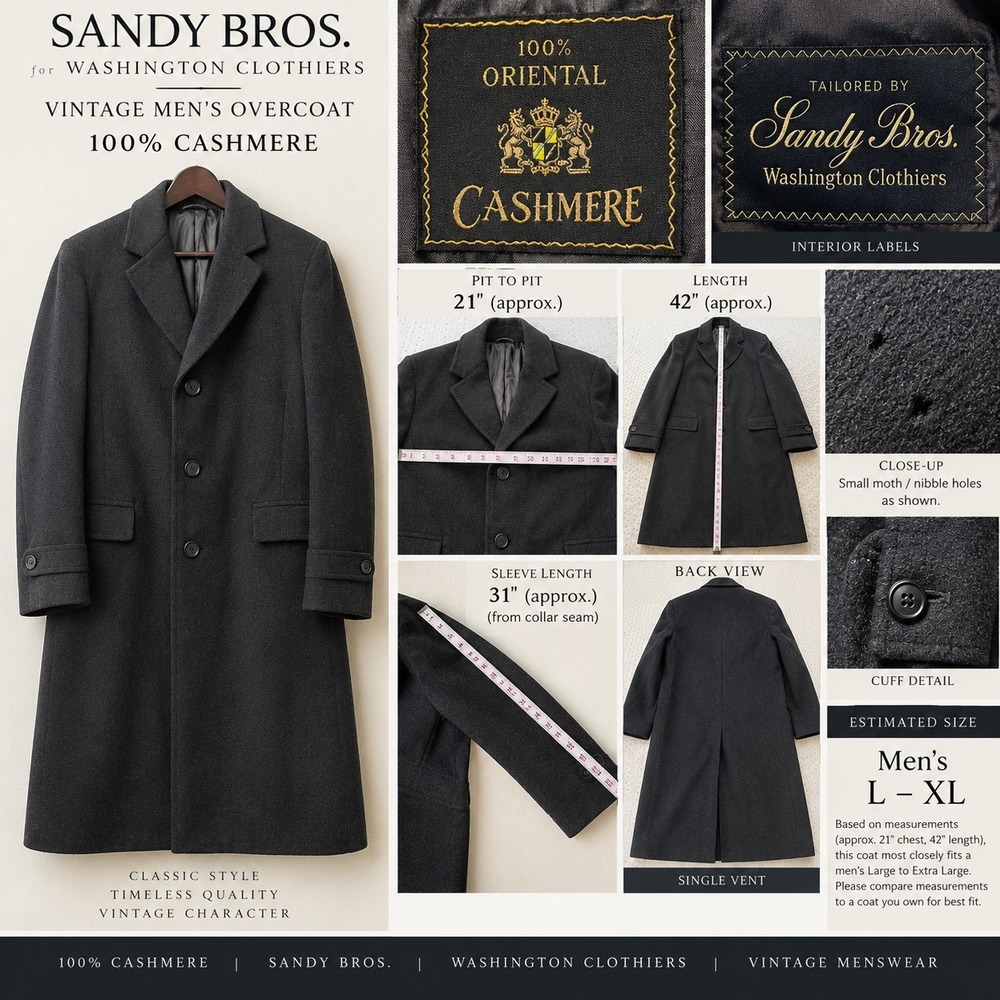 Vintage Sandy Bros 100% Cashmere Overcoat Mens Black Charcoal Long Topcoat